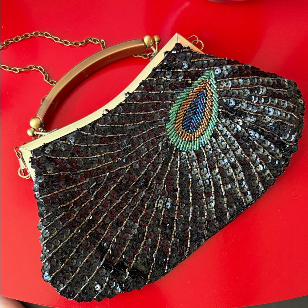 Vintage Style Art Deco Beaded Peacock Clutch Bag Shoulder Chain Evening Party